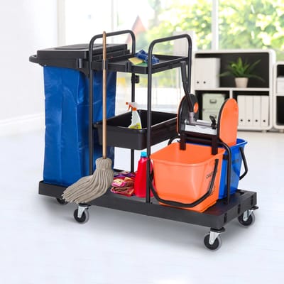 Pugsdrly Schoonmaakwagen Reinigingswagen Dweilwagen Systeemwagen met 4 soepel lopende wielen Zwart+Blauw+Oranje 111 × 63,3 × 103 cm