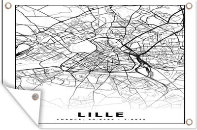 Muurdecoratie Plattegrond - Lille - Kaart - Frankrijk - Stadskaart - Zwart wit - 180x120 cm - Tuinposter - Tuindoek