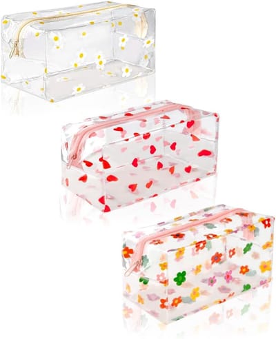 Meisjes etui - Etui voor school - 3-delige doorzichtige etui, grote etui - doorzichtige make-uptas, PVC etui, schrijfwarentas - schattige hartvormige madeliefjes-zonnebloempatroon tas - voor vrouwen en meisjes