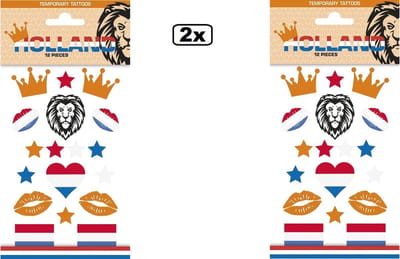 24x Tattoos Holland - nep tatoo - Festival landen Nederlands thema feest fun plakplaatjes leeuw Sport