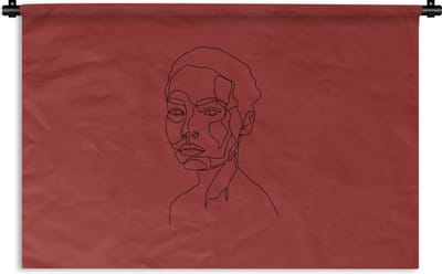 Wandkleed Line-art Vrouwengezicht - 15 - Line-art kortharige vrouw op een rode achtergrond Wandkleed katoen 120x80 cm - Wandtapijt met foto