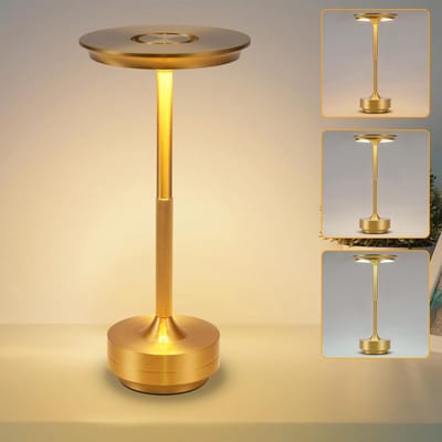 Glitzerlife - Tafellamp Draadloos Oplaadbaar- LED Tafellamp - Touch Dimbaar Bedlampje - 3 Lichtkleuren 3000-6500K - Aluminium Modern Design - Ø27 cm - Goudkleurig