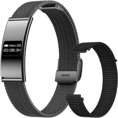 WizBay Premium Select® Smart Bracelet 2026 - Ultradun 2,8 mm - Hartslag en SpO2 - Slaapmonitor - 5ATM Waterdicht - Fitness Tracker - IPS Screen - Android en iOS - RVS Zwart en Gewoven Siliconen Band Zwart