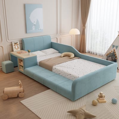 Blauw fluweel gestoffeerd eenpersoonsbed met bureau, kruk en opbergplank, 90x200 cm, kinderbed met houten lattenbodem