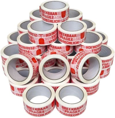 Kortpack - Breekbaar Tape 50mm breed x 66mtr lang - Opdruk: Breekbaar/Fragile/Zerbrechlich - 36 rollen - Kerndiameter: 76mm - Waarschuwingstape - (020.0005)