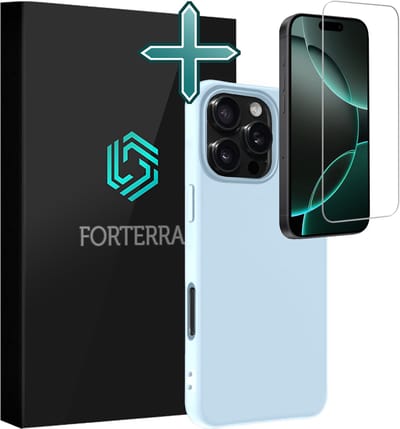 Hoesje Met Screenprotector - Geschikt voor Apple iPhone 16 Pro - Sterk & Shockproof - Telefoon Hoes - Back Cover - Siliconen Case - Lichtblauw
