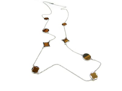 lange zilveren collier halsketting halssnoer gerhodineerd verguld Model Blossom met bruine stenen