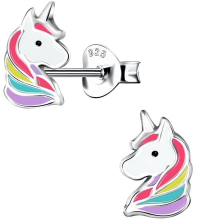 Joy|S - Zilveren multicolor eenhoorn oorbellen - unicorn oorknoppen - rhodium/ gehodineerd