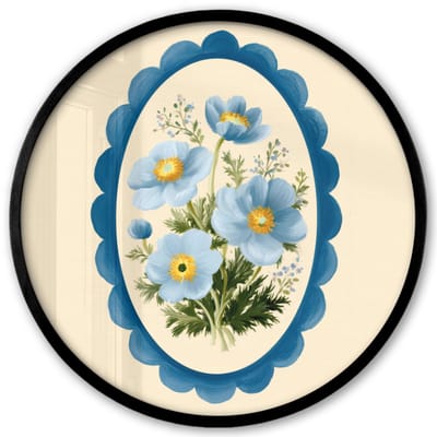 Poster in lijst Rond - Fotolijst 40x40 cm - Posters - Lijst - Bloemen - Lichtblauw - Illustratie - Ronde posterlijst zwart - Decoratie - Wanddecoratie woonkamer - Muurdecoratie slaapkamer