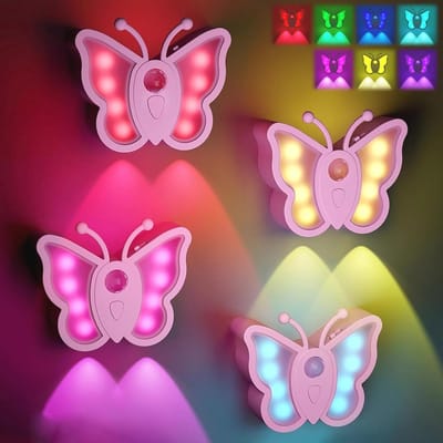 Nachtlamp met Bewegingssensor - 4 Stuks, Oplaadbare Vlinder Nachtlamp voor Kinderen - 7 Kleurinstellingen voor Trappen, Slaapkamers, Gangpaden en Keukens