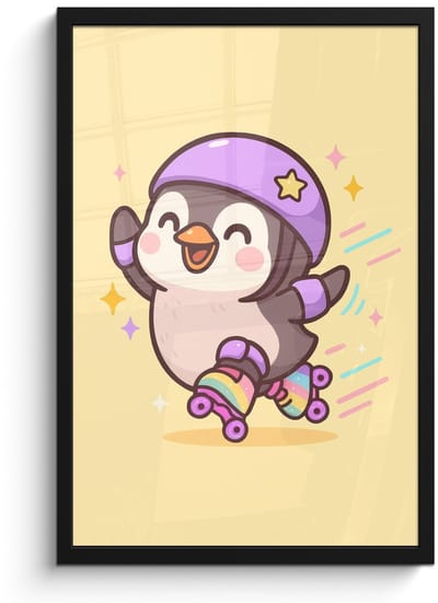 Poster in lijst - Fotolijst 40x60 cm - Posters - Pinguïn - Rolschaatsen - Geel - Energiek - Posterlijst zwart - Decoratie - Wanddecoratie woonkamer - Muurdecoratie slaapkamer