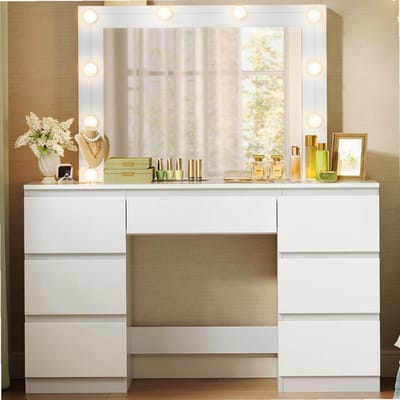 Sierra, kaptafel met LED-verlichting, make-uptafel met spiegel, kaptafel met 7 laden, instelbare helderheid, gemaakt van hout, 107x140,5x39,5 cm, modern, wit