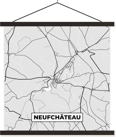 Posterhanger incl. Poster 60x60 cm - Schoolplaat - Stadskaart – Plattegrond – België – Zwart Wit – Neufchâteau – Kaart - Textielposter - Zwarte latten - Stadskaart