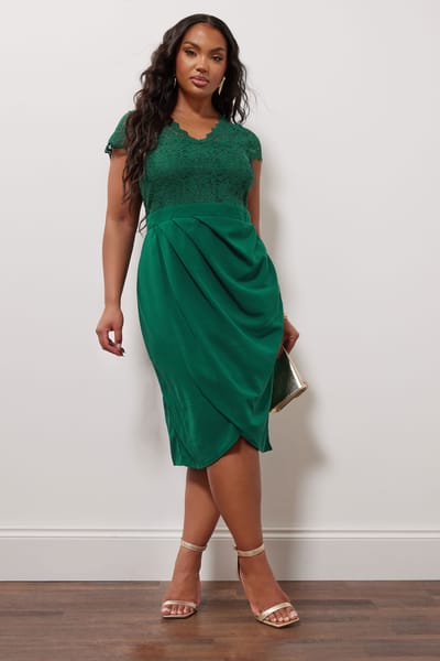 Yours London Midijurk Met Bloemenkant En Wikkelrok In Groen Size 50
