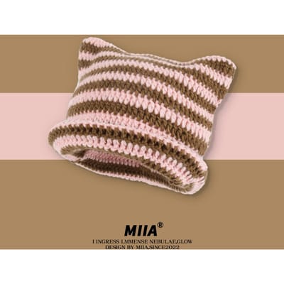 Bonnet Ins Petit Diable Rayé Tricoté Laine Automne Hiver Crochet Chat Mignon Oreilles Pointues Pull Chapeaux Femmes 56-58cm brown