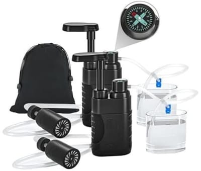 VIN® Survival Kit - Water Filter – Gemakkelijke bediening – Outdoor – Professioneel Waterfilter – Zuiver en Schoon Drinkwater – Verwijdert Viezigheid - 4 Filterstadia – met Kompas en Opbergzak - Zwart