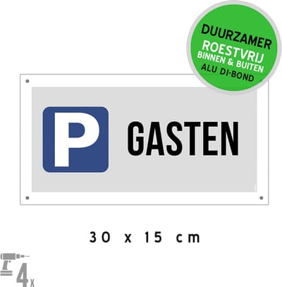 Pictogram/ bord Dibond + boorgaten | Parking "Gasten" | 30 x 15 cm | Parkeren | Duurzaam | Roestvrij | Bezoekers | Bezoek | Vrijhouden | Signalisatie | Grijs | 1 stuk
