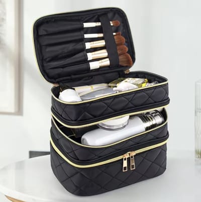 Modieuze Lichtgewicht zwarte diamant patroon make-up Tas 3-Laags - Draagbare Handtas Geschikt voor Thuis en Reisgebruik