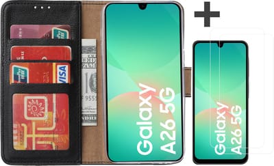 Hoesje met 2 Stuks Screenprotectors Geschikt voor Samsung Galaxy A26 – Arara bookcase met pasjeshouder - Zwart