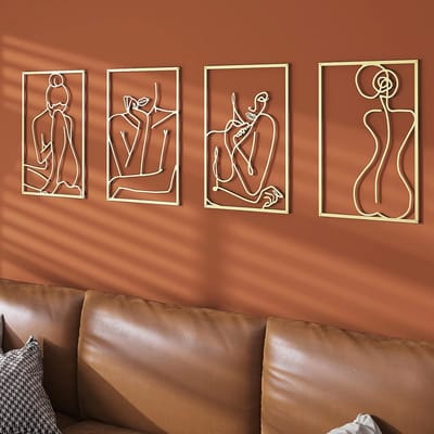 Set van 4 Gouden Wanddecoratie - Abstracte Metalen Kunst voor Slaapkamer en Woonkamer