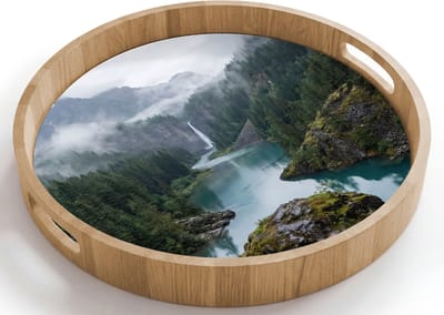 Dienblad rond 40x40 cm - Schootdienblad hout - Waterval - Bomen - Bergen - Borrelplank rechthoek - Plateau houten dienbladen