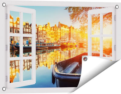 Gards Tuinposter Doorkijk Amsterdamse Brug - Gracht - met Bloemen - 60x40 cm - Tuindoek - Tuindecoratie - Wanddecoratie buiten - Tuinschilderij