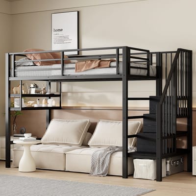 DESMIU Hoogslaper 90x200 cm – Met Opbergplanken En Opbergladder – Open Speelruimte Onder Het Bed – Voor Kinderkamer – Zonder Matras – Zwart