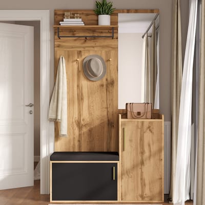 Wishdor - Compacte Garderobekast - Met Spiegel En Zitbank - Modern - Voor Hal - Spaanplaat - Zwart En Naturel - 100 x 38 x 185 cm