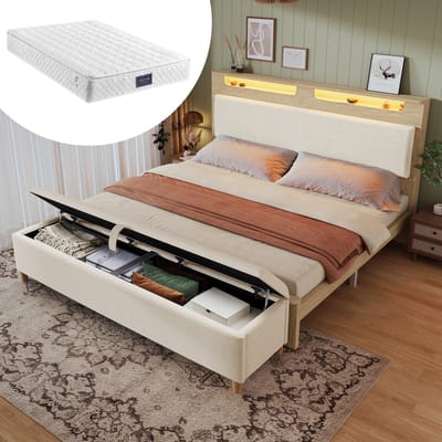 DESMIU Gestoffeerd Bed 140x200 cm – Hoofdbord met Ledverlichting en Opbergruimte – Inclusief Opbergbank – Houtlook en Ribstof – Beige – Met Matras