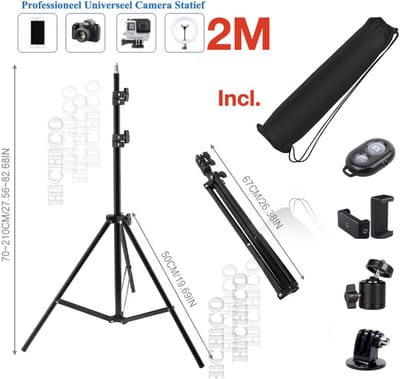 HiCHiCO® Camerastatief 2m met Draagtas Voor Smartphone, Actioncam, GoPro, Fotocamera en Spiegelreflexcamera Inc. Bluetooth Afstandsbediening - Smartphone Statief - Camerastatief - Tripod - Light Stand – schroef 1.4”