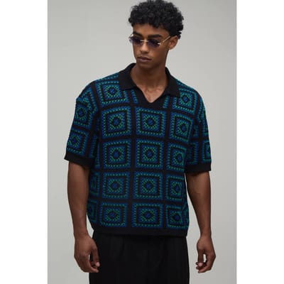 Oversized Boxy Crochet Tapestry Knitted Polo T-Shirt | Green | Size XS