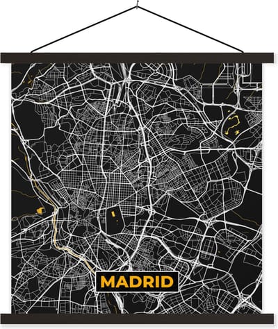 Posterhanger incl. Poster 60x60 cm - Schoolplaat - Madrid - Goud - Stadskaart - Plattegrond - Kaart - Textielposter - Zwarte latten - Stadskaart