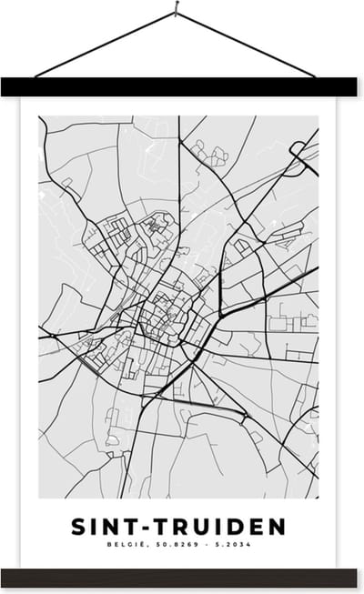 Posterhanger incl. Poster 40x60 cm - Schoolplaat - Plattegrond – Sint Truiden – Zwart Wit – Stadskaart - Kaart - Textielposter - Zwarte latten - Stadskaart