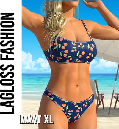 LaGloss® Dames Kersenprint Bikini Set – 2-Delig – Hoogelastisch & Sneldrogend – Zomerse Strandkleding voor Vakantie & Zwembad – Maat XL
