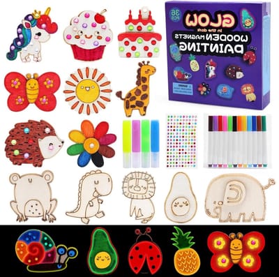 Kleurrijke Schilderset voor Kinderen met 36 Stukken, Houten Magneten, Luminous Vloeistof en Diamantstickers voor Creatieve Knutselprojecten en Kleurplezier