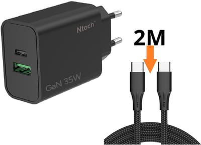 Ntech - USB C Adapter 35W & USB-A 30W - USB C Oplader Zwart - Inclusief USB-C Kabel 2 Meter - USB C Snellader - USB C Lader - Universeel o.a. Telefoons & Laptops