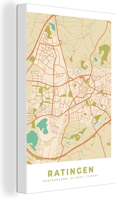 Canvas Schilderij Ratingen - Plattegrond - Stadskaart - Vintage - Kaart - 20x30 cm - Wanddecoratie