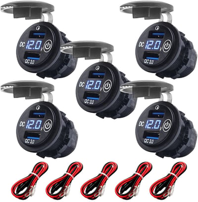 ProRide 12V USB Wandcontactdoos Inbouw - 2 USB Poorten - Voltmeter - QC3.0 - Blauw - Kabel en Zekering - 5 stuks