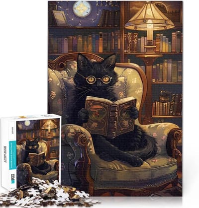 1000-delige puzzel voor volwassenen, kat die een boek leest, traint hersenen en handen, woondecoratie, 75 x 50 cm