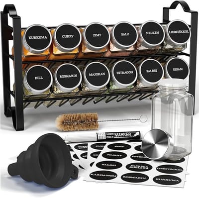 Verte Kruidenrek - Kruidenrek met Kruidenpotjes - 2-Laags Metalen Kruidenorganizer - Keukensorteerset met 12 Kruidenpotjes - 48 Labels - Borstel - Trechter - Vrijstaand of Aan de Muur te Bevestigen - Zwart