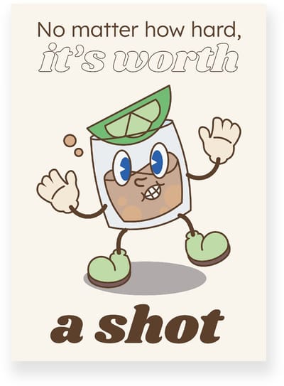Poster 20x30 cm - Dansend Shotglas - Illustratie - Groen - Beige - Cartoon - Motivatie - Muurdecoratie - Wanddecoratie