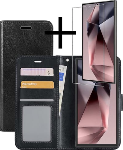 Hoesje - Met Screenprotector - Geschikt voor Samsung Galaxy S24 Ultra - Luxe Pasjeshouder - Bookcase Portemonee - Flip Case - Kunstleer Book Case - Flipcase - Book Cover - Walletcase - Portemonneehoes - Zwart