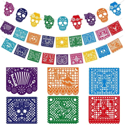 Dailygoods- Banner 27 Ft - Vilt Dag van de Doden Decoratie - Mexicaanse Feestdecoratie - Sugar Skull Bunting - Lichtgewicht/Duurzaam - Ideaal voor Halloween