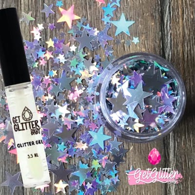 GetGlitterBaby® - Biologische / Biologisch afbreekbare Zilveren Sterren Chunky Festival Glitters voor Lichaam en Gezicht Jewels / Biodegradable Face Body Glittergel - Zilver Sterretjes en Glitter Gel HuidLijm