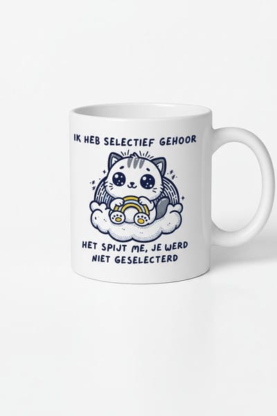 Grappige Mok met Kat en Tekst "Ik Heb Selectief Gehoor" - Cadeau voor Koffie- en Kattenliefhebbers