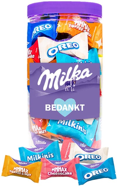 Milka Favourites chocolademix “Bedankt” 500g - Snoeppot met mini chocolaatjes - Chocolade cadeau in herbruikbare bokaal