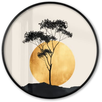 Poster in lijst Rond - Fotolijst 60x60 cm - Posters - Zwarte boom - Gouden cirkel - Heuvel - Ronde posterlijst zwart - Decoratie - Wanddecoratie woonkamer - Muurdecoratie slaapkamer