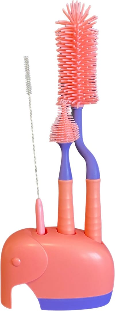 TSD goods – Flessenborstel – Flessenborstel Baby – Olifant roze – Flessenborstel met Houder – Flessenreiniger – Flesvoeding accessoires – Kleur Roze