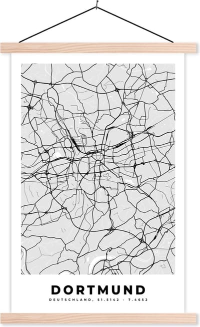 Posterhanger incl. Poster 40x60 cm - Schoolplaat - Kaart - Dortmund - Stadskaart - Duitsland - Plattegrond - Textielposter - Blanke latten - Stadskaart