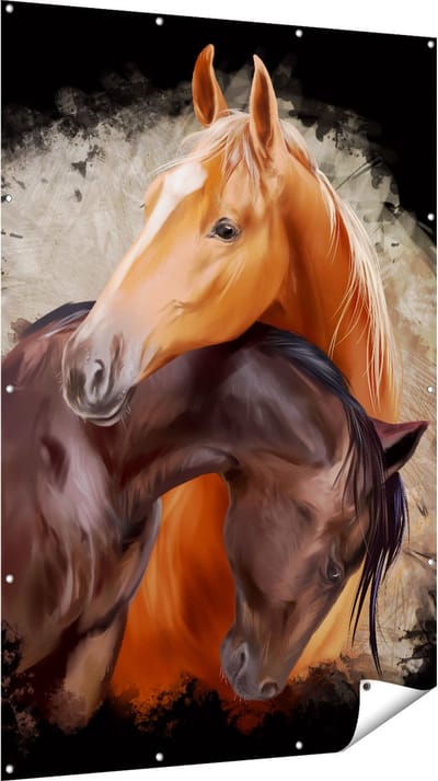 Gards Tuinposter Twee Getekende Knuffelende Paarden - Abstract - 120x180 cm - Tuindoek - Tuindecoratie - Wanddecoratie buiten - Tuinschilderij